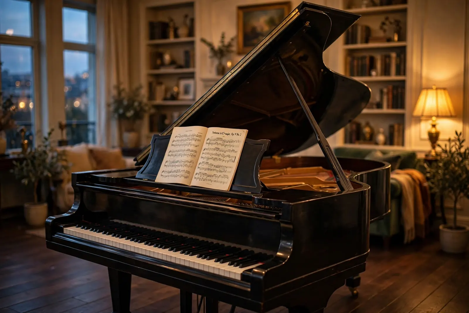 A restored grand piano with its lid open in a warm living room at dusk