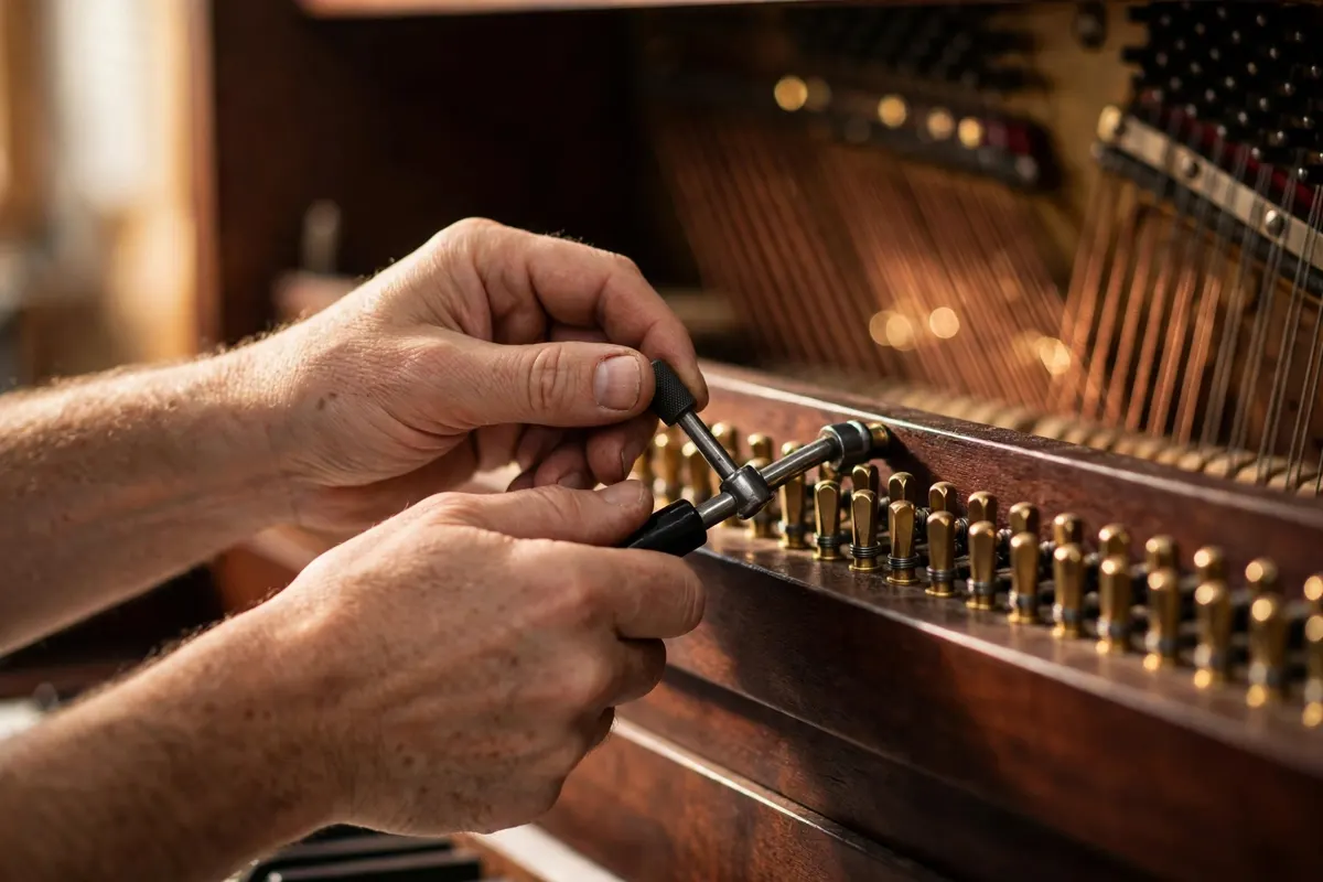 A technician's hands turning a tuning lever on the brass tuning pins of a piano