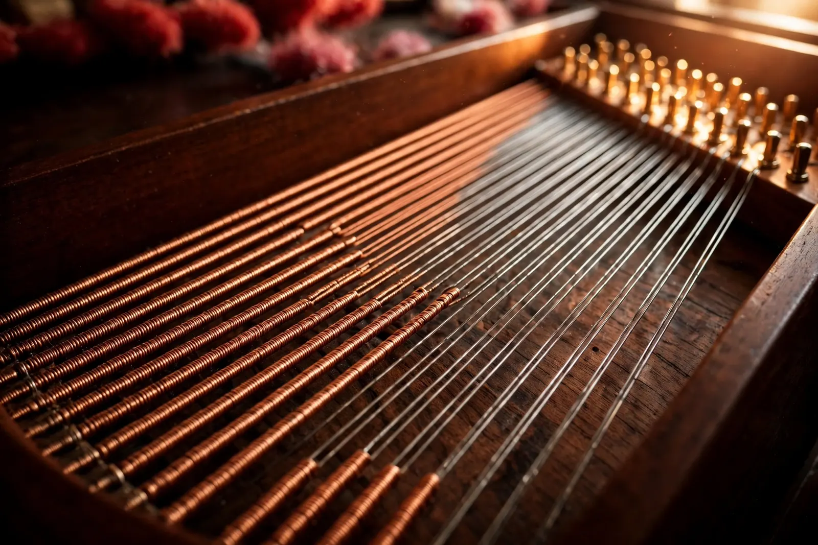 Inside a grand piano: copper-wound and steel strings fanning across the spruce soundboard, brass tuning pins glowing in warm light