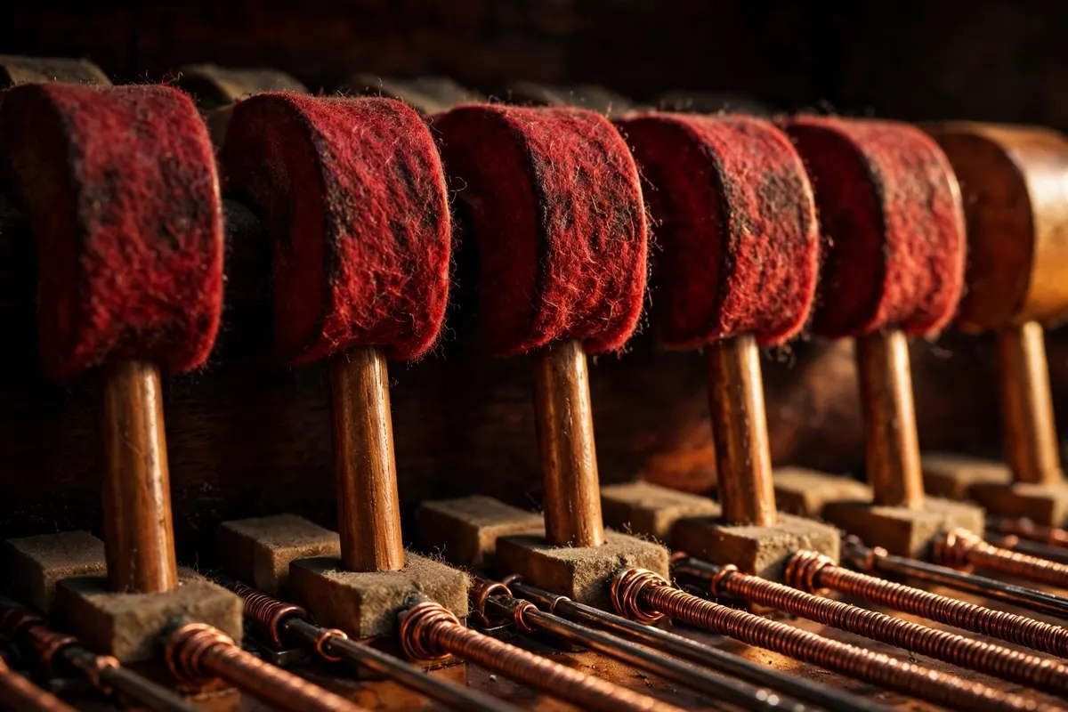 Grand piano hammers in red felt over copper strings, lit warm against dark mahogany